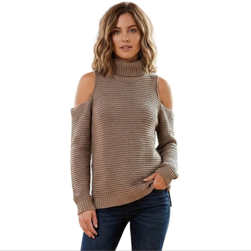 Design Lab Tan Brown‎ Loose Open Knit Cold Shoulder Turtleneck Sweater Medium